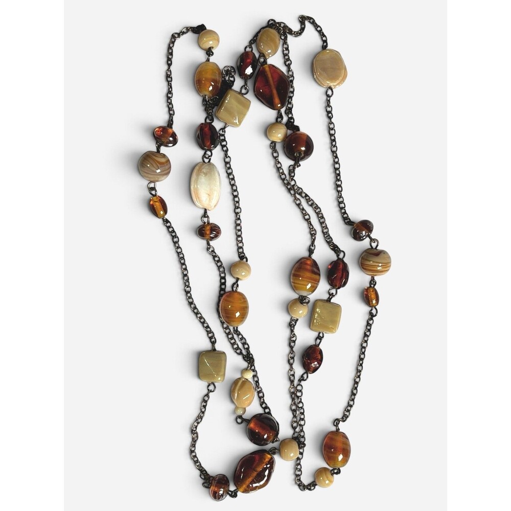 Vintage Art Glass Necklace Brown Beads Linked Swirled Fall Autumn Boho Chic 44"